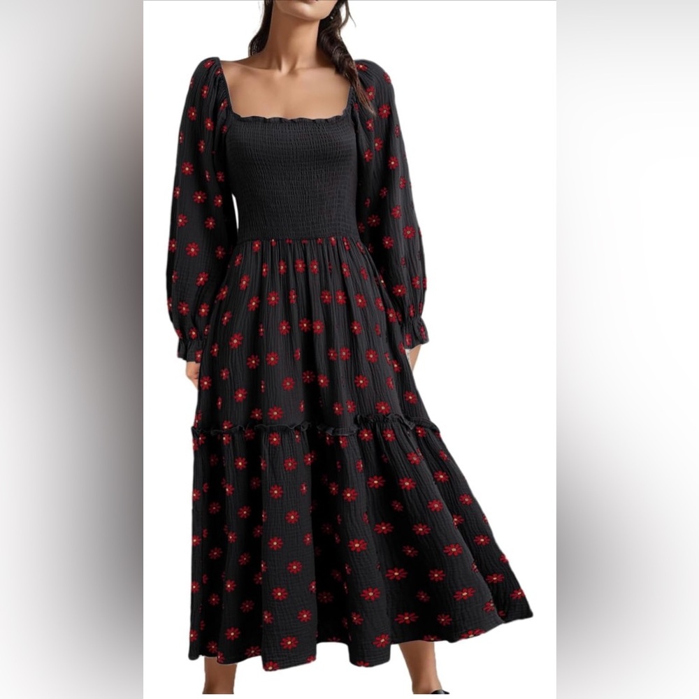 Boho Black Floral Midi Dress